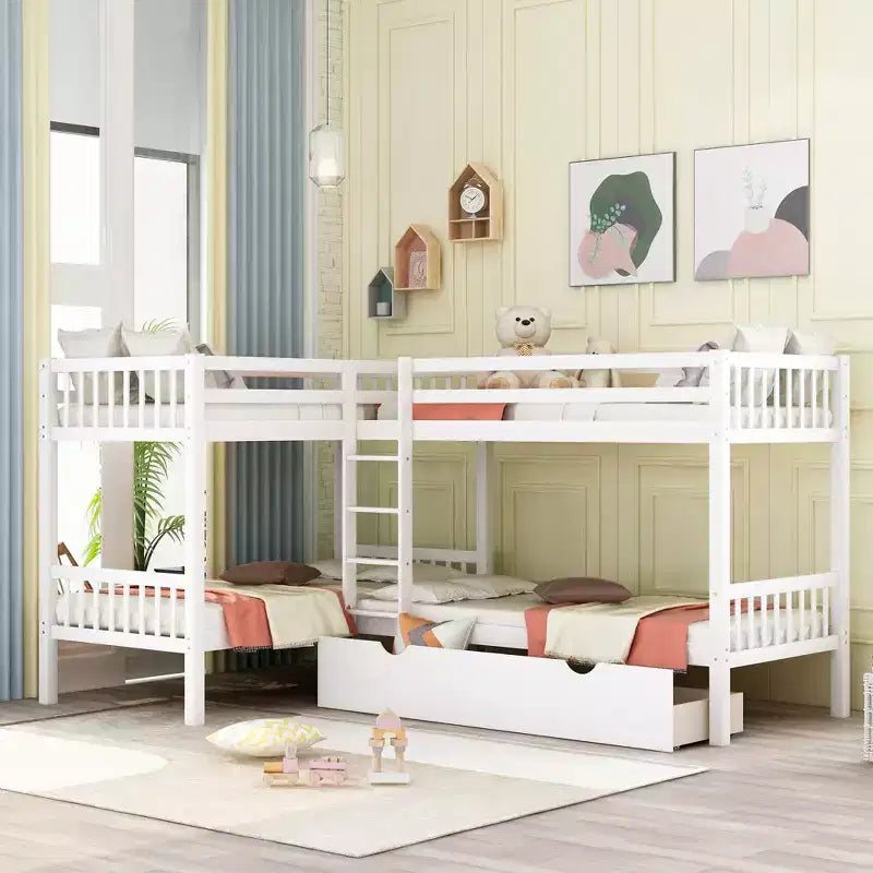 Letto a castello a L grigio/bianco singolo su singolo con cassetti, 4 posti letto