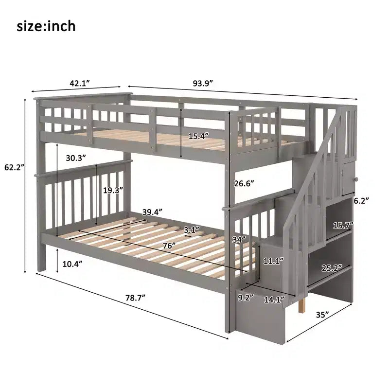Letto a castello singolo sopra singolo con scala contenitore, colore espresso/grigio/bianco – 2 posti letto