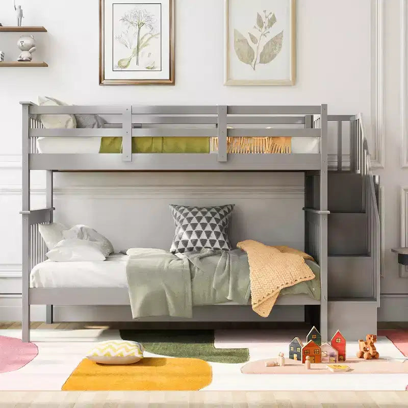 Letto a castello singolo sopra singolo con scala contenitore, colore espresso/grigio/bianco – 2 posti letto