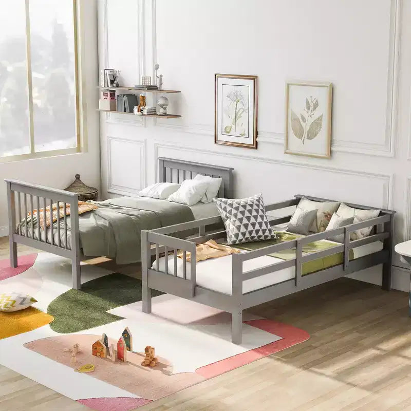 Letto a castello singolo sopra singolo con scala contenitore, colore espresso/grigio/bianco – 2 posti letto