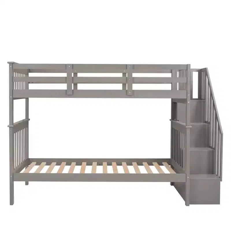 Letto a castello singolo sopra singolo con scala contenitore, colore espresso/grigio/bianco – 2 posti letto