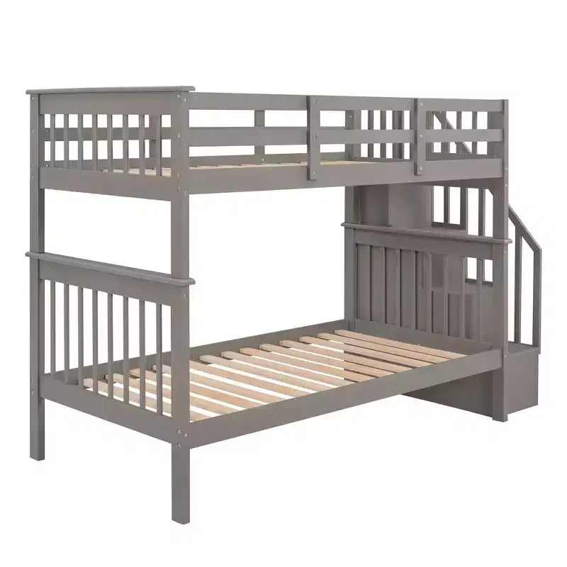 Letto a castello singolo sopra singolo con scala contenitore, colore espresso/grigio/bianco – 2 posti letto