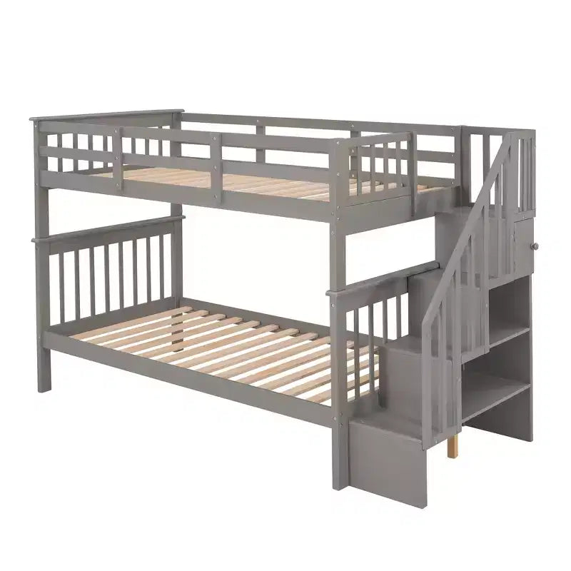Letto a castello singolo sopra singolo con scala contenitore, colore espresso/grigio/bianco – 2 posti letto