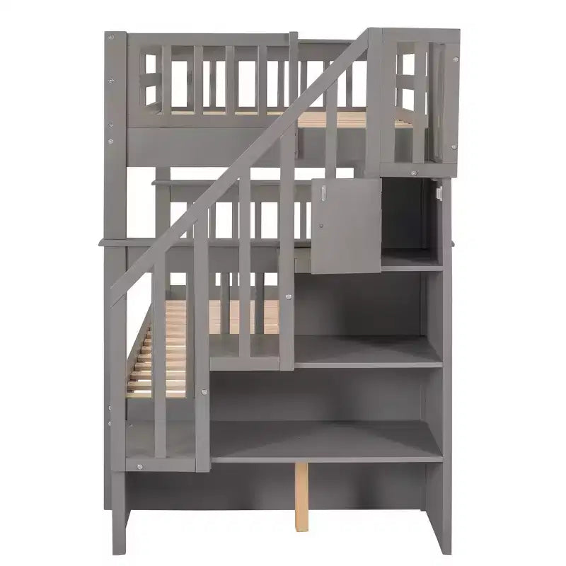 Letto a castello singolo sopra singolo con scala contenitore, colore espresso/grigio/bianco – 2 posti letto