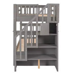 Letto a castello singolo sopra singolo con scala contenitore, colore espresso/grigio/bianco – 2 posti letto