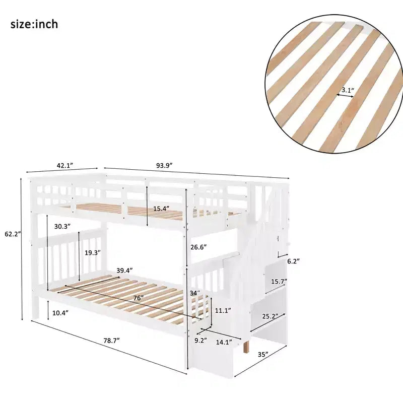Letto a castello singolo sopra singolo con scala contenitore, colore espresso/grigio/bianco – 2 posti letto