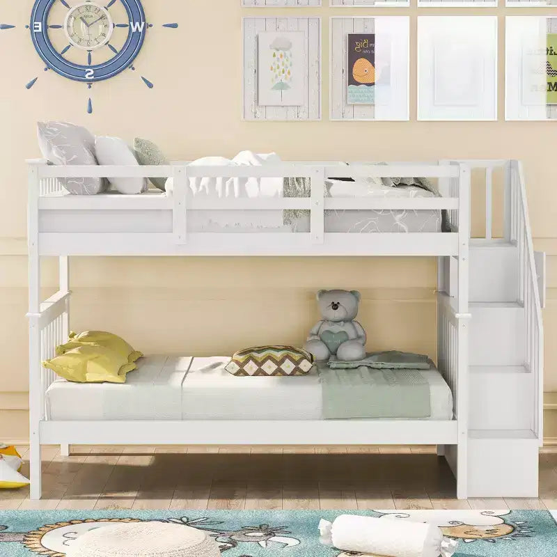 Letto a castello singolo sopra singolo con scala contenitore, colore espresso/grigio/bianco – 2 posti letto