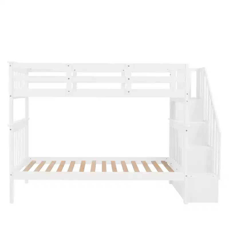 Letto a castello singolo sopra singolo con scala contenitore, colore espresso/grigio/bianco – 2 posti letto