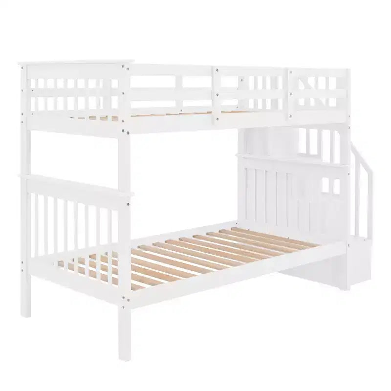 Letto a castello singolo sopra singolo con scala contenitore, colore espresso/grigio/bianco – 2 posti letto