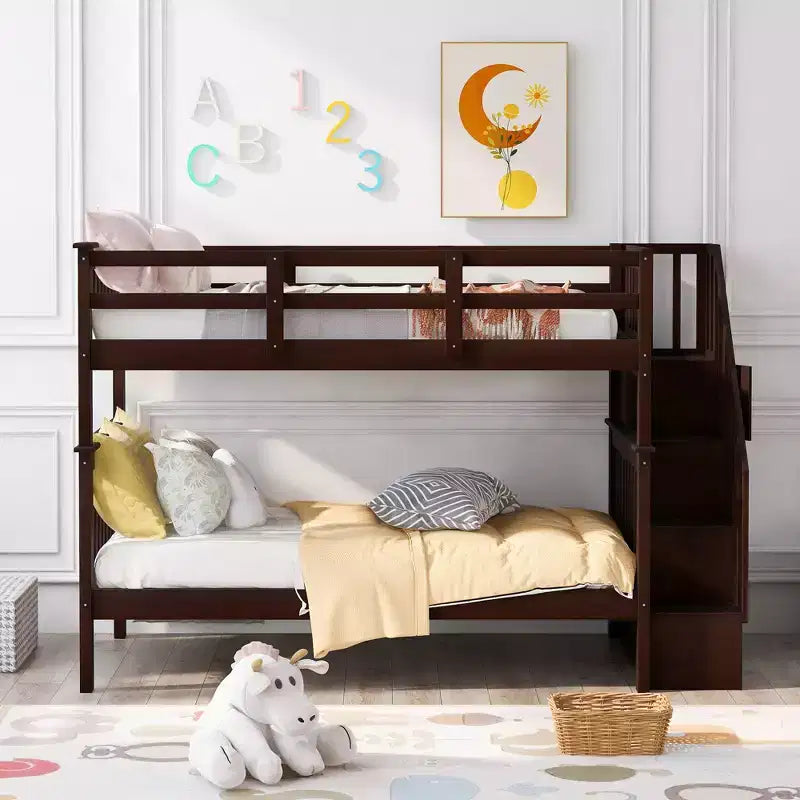Letto a castello singolo sopra singolo con scala contenitore, colore espresso/grigio/bianco – 2 posti letto
