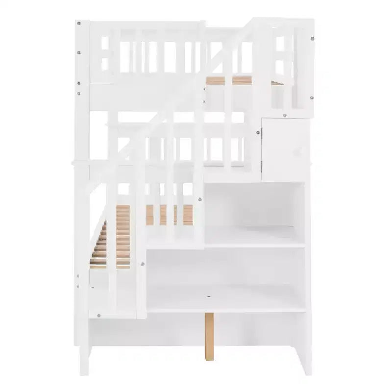 Letto a castello singolo sopra singolo con scala contenitore, colore espresso/grigio/bianco – 2 posti letto
