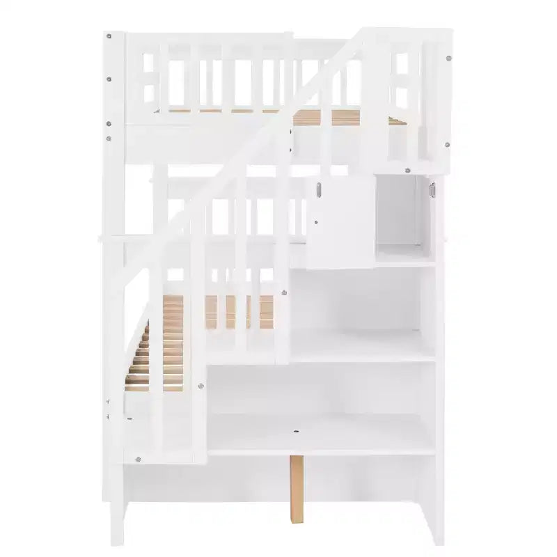 Letto a castello singolo sopra singolo con scala contenitore, colore espresso/grigio/bianco – 2 posti letto
