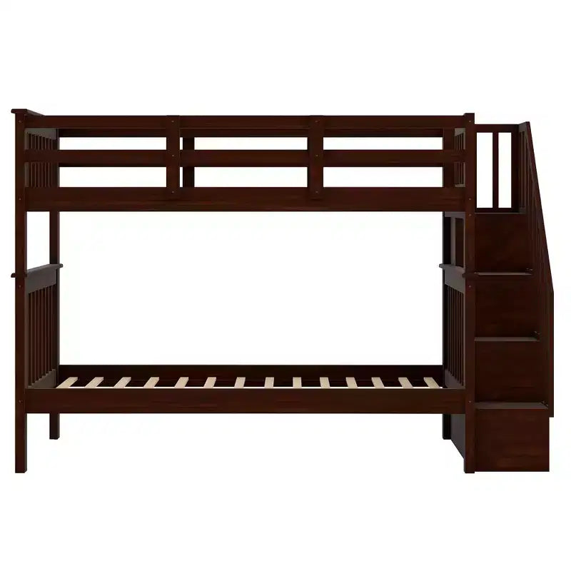 Letto a castello singolo sopra singolo con scala contenitore, colore espresso/grigio/bianco – 2 posti letto
