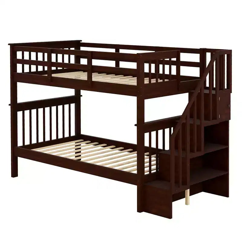 Letto a castello singolo sopra singolo con scala contenitore, colore espresso/grigio/bianco – 2 posti letto