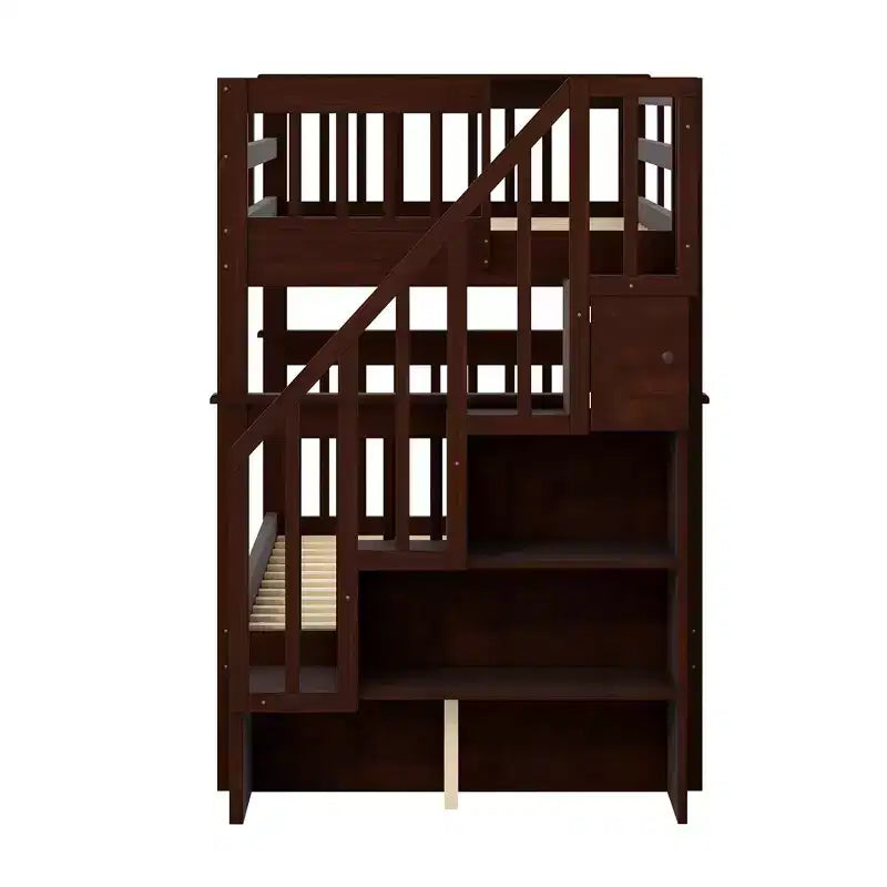 Letto a castello singolo sopra singolo con scala contenitore, colore espresso/grigio/bianco – 2 posti letto