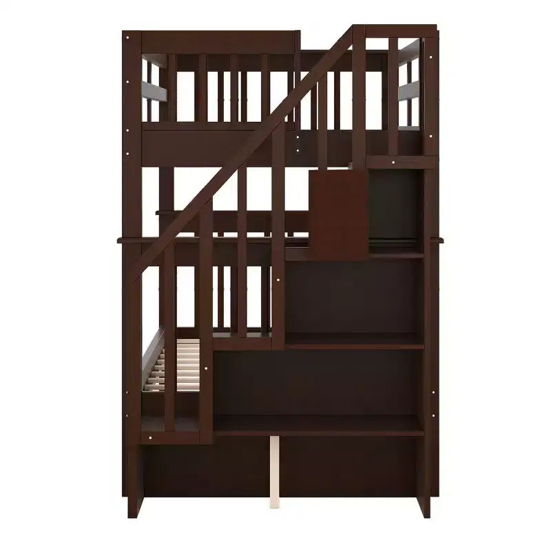 Letto a castello singolo sopra singolo con scala contenitore, colore espresso/grigio/bianco – 2 posti letto