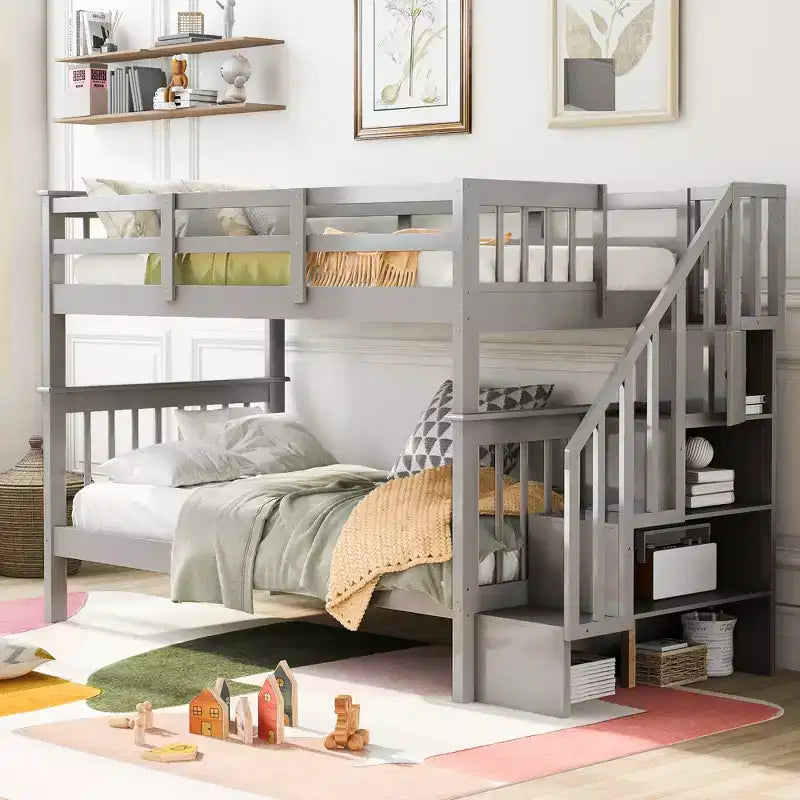 Letto a castello singolo sopra singolo con scala contenitore, colore espresso/grigio/bianco – 2 posti letto