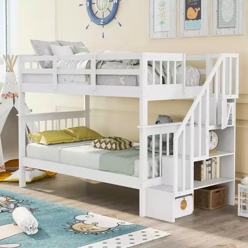 Letto a castello singolo sopra singolo con scala contenitore, colore espresso/grigio/bianco – 2 posti letto