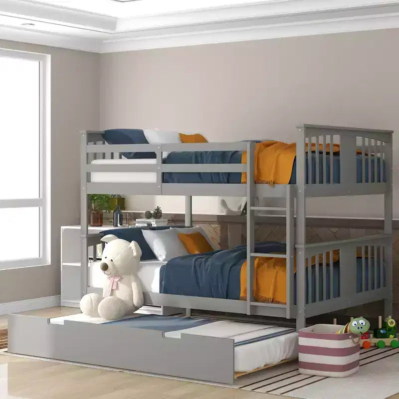 Letto a castello matrimoniale/matrimoniale completo espresso/grigio/bianco con letto estraibile singolo, può ospitare fino a 3 persone, trasformabile in 2 letti