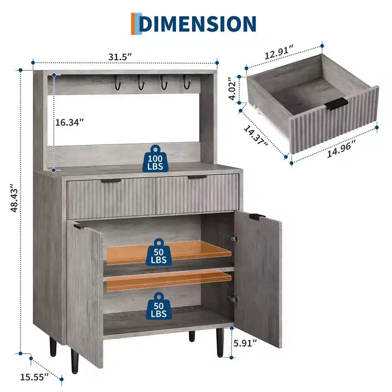 Credenza/Buffet Grigio/Color Legno con 2 Cassetti e Ripiani Regolabili – Montaggio da 1 Persona