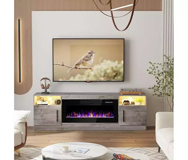 Mobile porta TV bianco e grigio con luci LED, larghezza 178 cm, mobile contenitore, adatto per TV fino a 75"