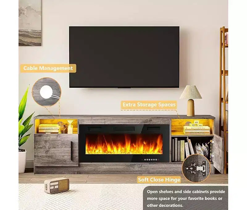 Mobile porta TV bianco e grigio con luci LED, larghezza 178 cm, mobile contenitore, adatto per TV fino a 75"