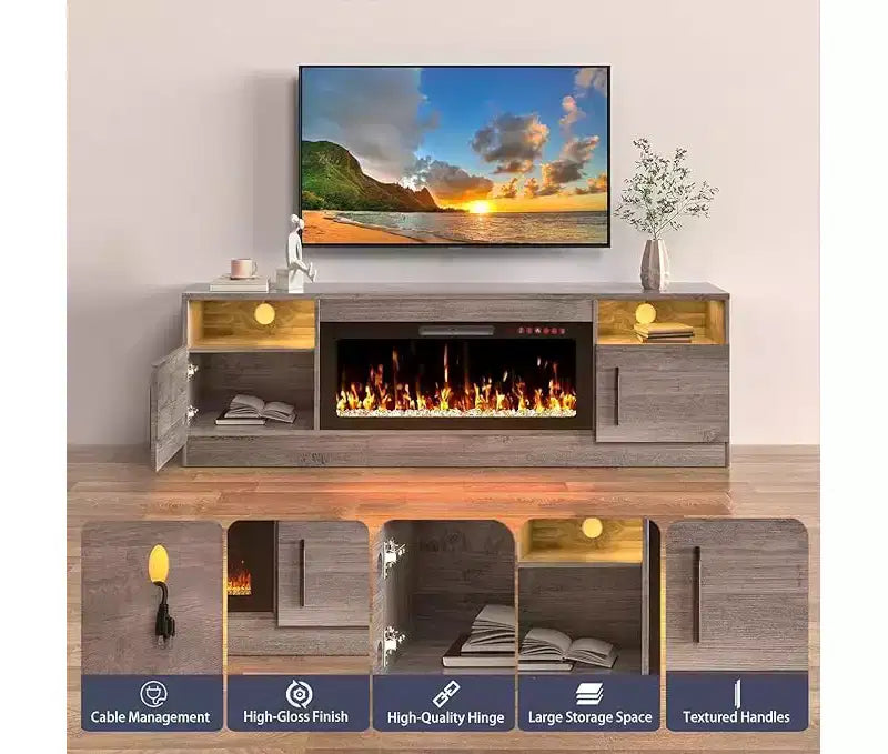 Mobile porta TV bianco e grigio con luci LED, larghezza 178 cm, mobile contenitore, adatto per TV fino a 75"