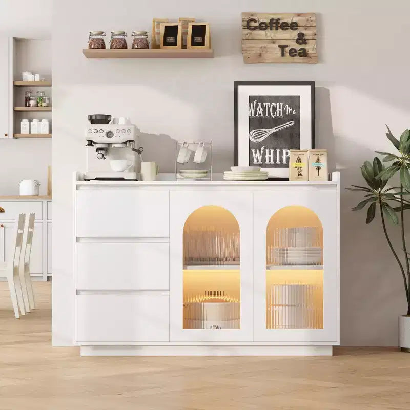 Madia Buffet Moderna Bianca con Ante in Vetro, 3 Cassetti e Luce LED