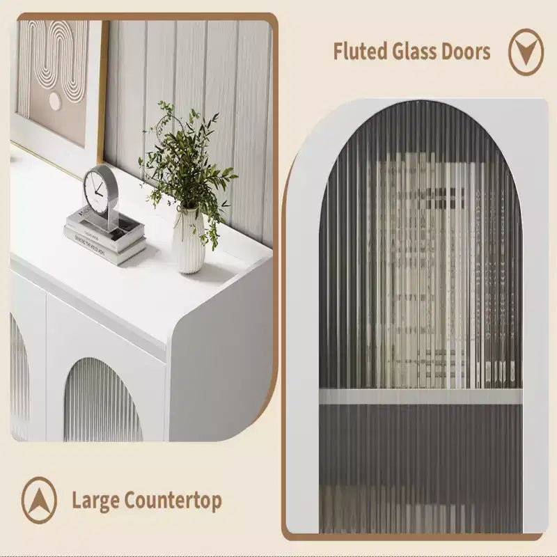 Madia Buffet Moderna Bianca con Ante in Vetro, 3 Cassetti e Luce LED