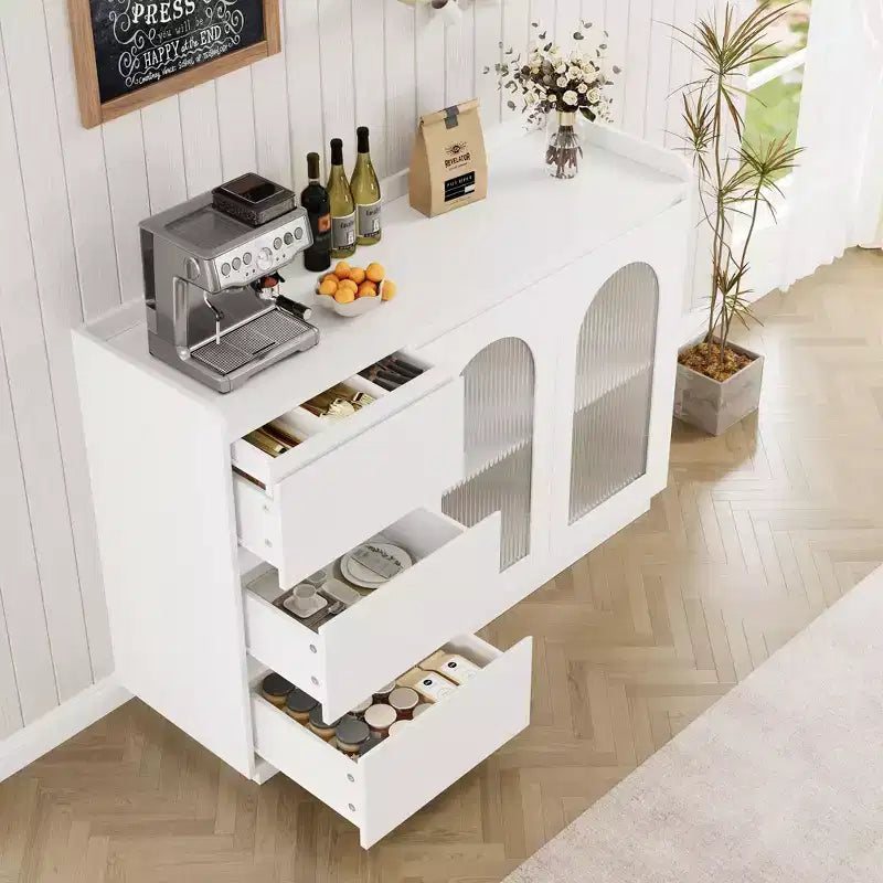 Madia Buffet Moderna Bianca con Ante in Vetro, 3 Cassetti e Luce LED