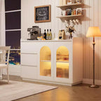 Madia Buffet Moderna Bianca con Ante in Vetro, 3 Cassetti e Luce LED