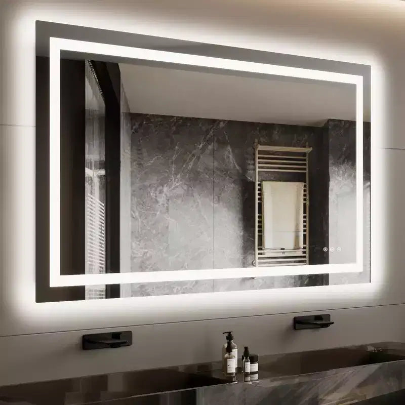 Specchio da bagno LED rettangolare color argento, anti-appannamento, dimmerabile, per mobile bagno a 1-2 posti