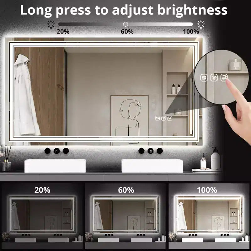 Specchio da bagno LED rettangolare color argento, anti-appannamento, dimmerabile, per mobile bagno a 1-2 posti