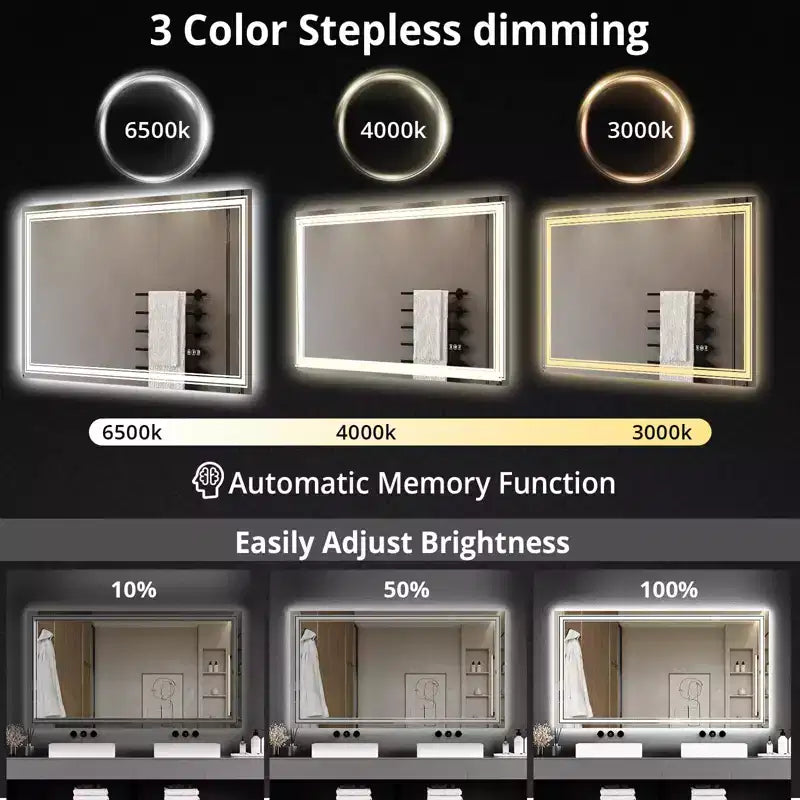 Specchio da bagno LED rettangolare color argento, anti-appannamento, dimmerabile, per mobile bagno a 1-2 posti