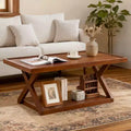 Bekrvio 40 Solid Oak Coffee Table,2-Tier Modern Farmhouse Rectangle Center Table with Storage Shelf & X-Shaped Legs, Walnut Finish