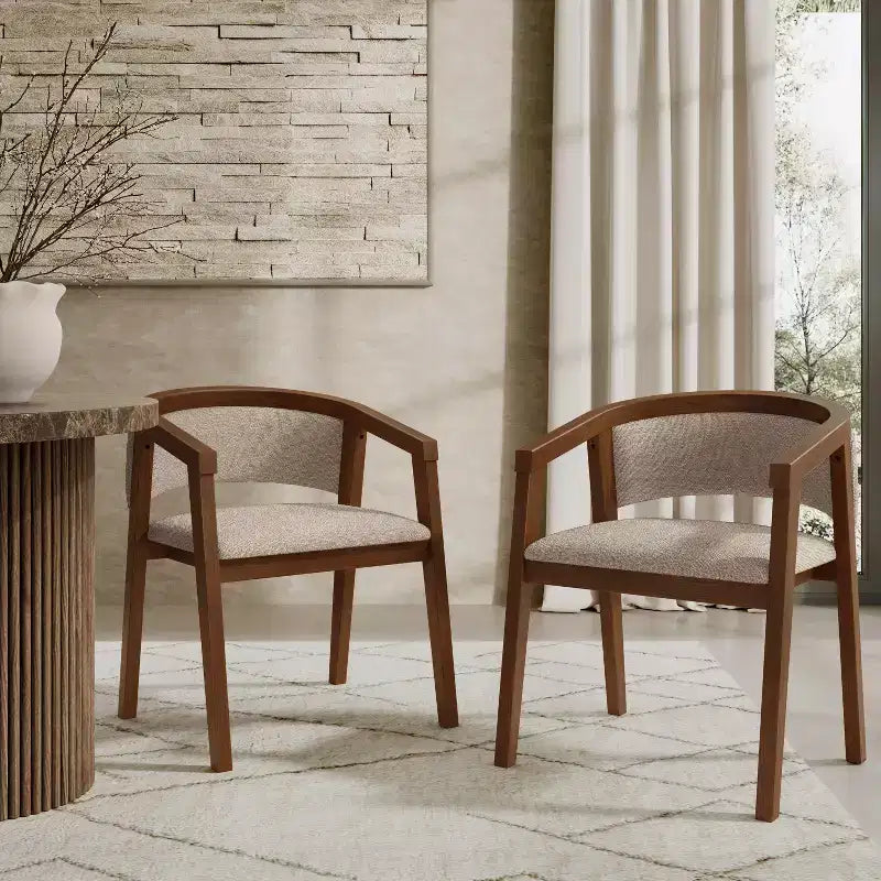 Poltroncina da pranzo Mid-Century, in Beige/Rovere, rivestimento in Bouclé, set da 2