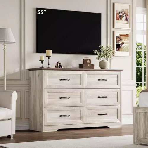 Comò a 6 cassetti per camera da letto, cassettiera con ampia maniglia in metallo, comò moderno in legno stile rustico, texture naturale, organizer per camera da letto