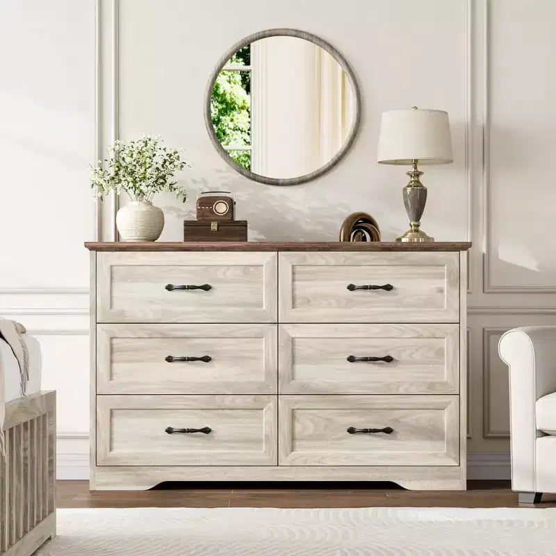 Comò a 6 cassetti per camera da letto, cassettiera con ampia maniglia in metallo, comò moderno in legno stile rustico, texture naturale, organizer per camera da letto