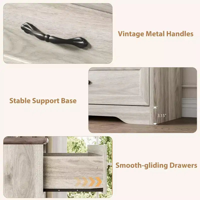 Comò a 6 cassetti per camera da letto, cassettiera con ampia maniglia in metallo, comò moderno in legno stile rustico, texture naturale, organizer per camera da letto