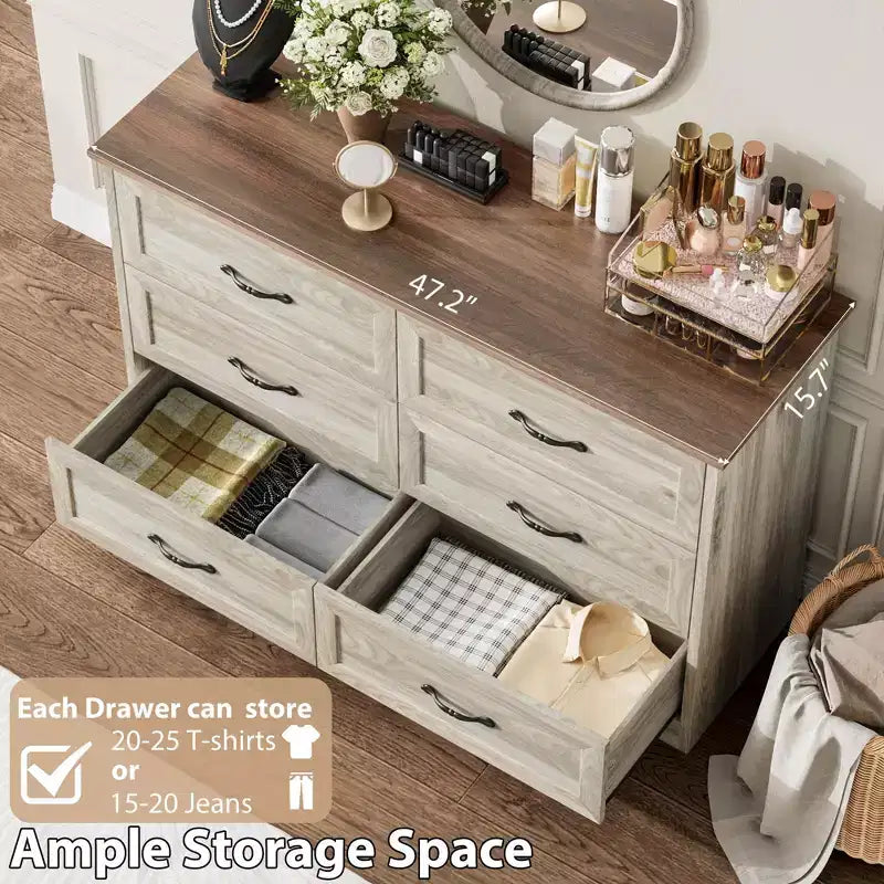 Comò a 6 cassetti per camera da letto, cassettiera con ampia maniglia in metallo, comò moderno in legno stile rustico, texture naturale, organizer per camera da letto