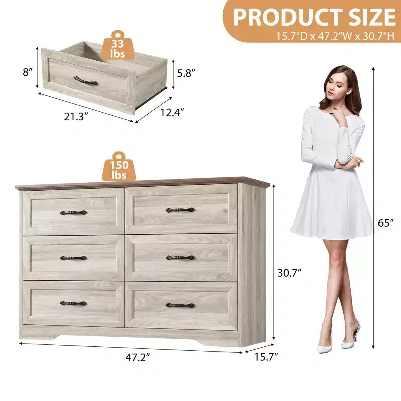 Comò a 6 cassetti per camera da letto, cassettiera con ampia maniglia in metallo, comò moderno in legno stile rustico, texture naturale, organizer per camera da letto