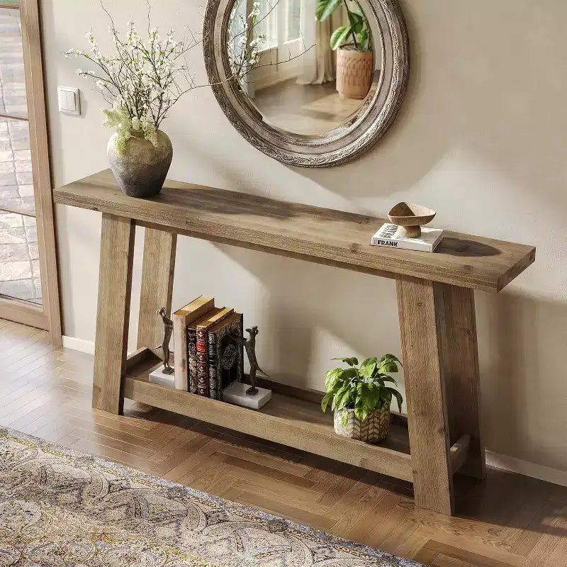 Consolle in Legno Massello Marrone a 2 Ripiani, Stile Rustico, Monouso
