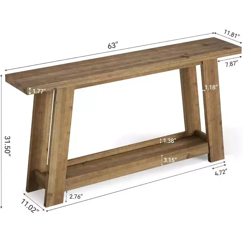 Consolle in Legno Massello Marrone a 2 Ripiani, Stile Rustico, Monouso
