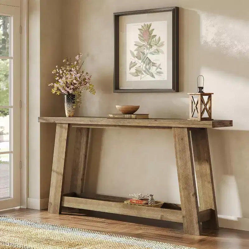 Consolle in Legno Massello Marrone a 2 Ripiani, Stile Rustico, Monouso