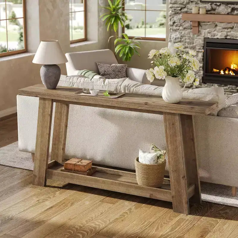 Consolle in Legno Massello Marrone a 2 Ripiani, Stile Rustico, Monouso
