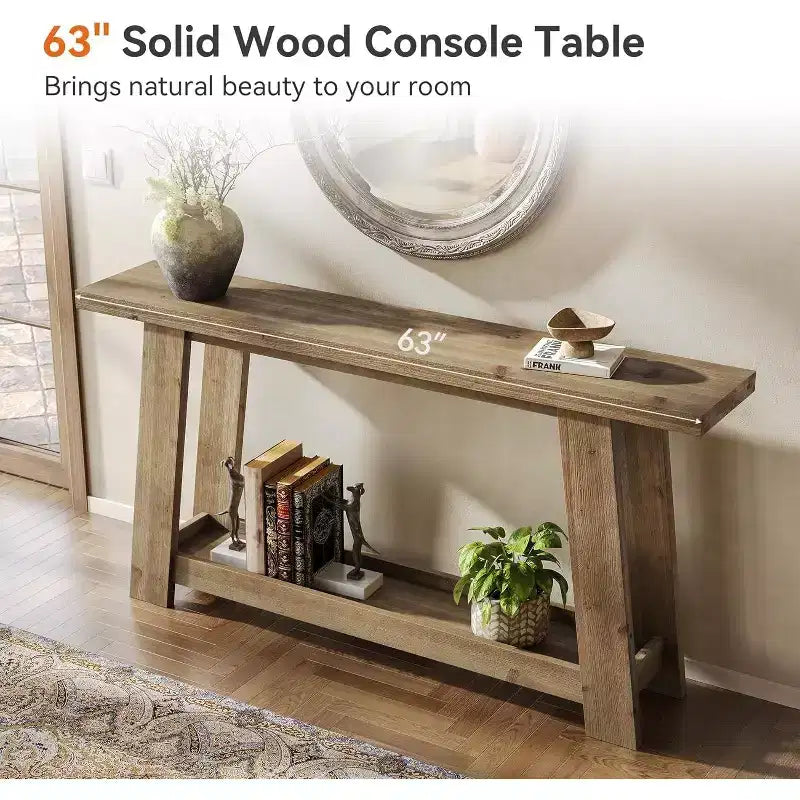Consolle in Legno Massello Marrone a 2 Ripiani, Stile Rustico, Monouso
