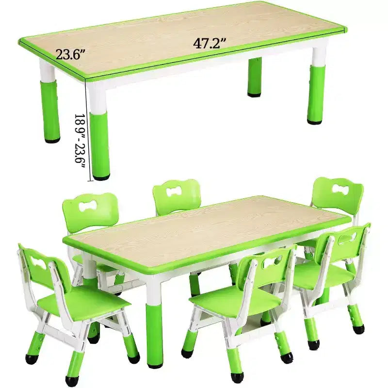 Tavolo e set di 6 sedie per bambini in verde bianco/legno massello, regolabili in altezza, età 2-10 anni