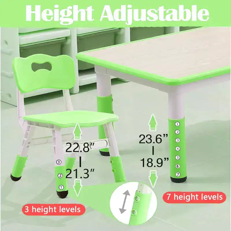 Tavolo e set di 6 sedie per bambini in verde bianco/legno massello, regolabili in altezza, età 2-10 anni