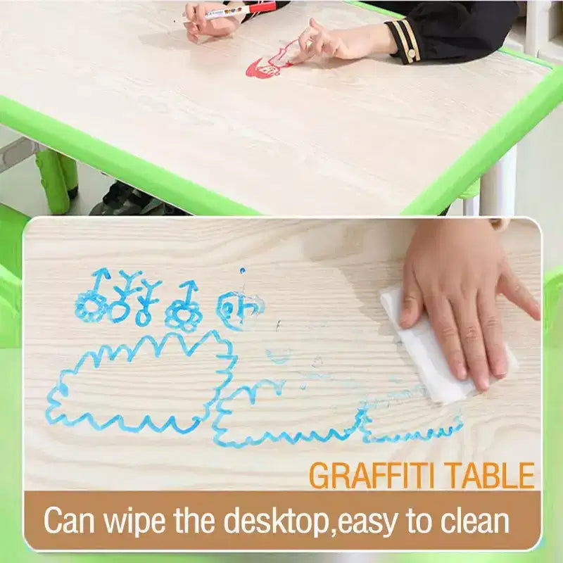 Tavolo e set di 6 sedie per bambini in verde bianco/legno massello, regolabili in altezza, età 2-10 anni