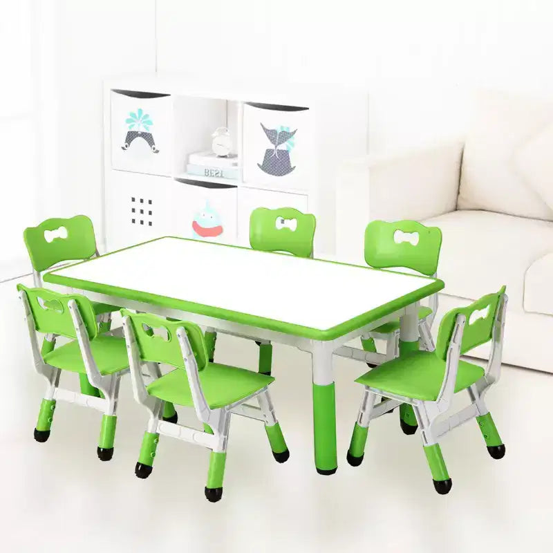 Tavolo e set di 6 sedie per bambini in verde bianco/legno massello, regolabili in altezza, età 2-10 anni